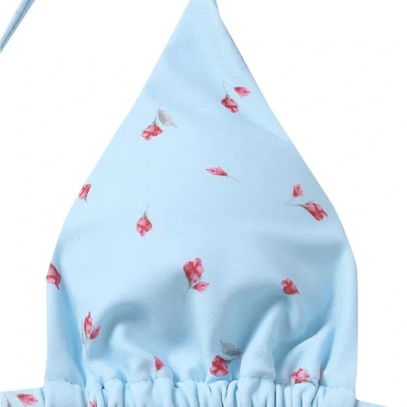 SOLY HUX 3 Piece Triangle Bikini Set with Mesh Cover Up Beach Skirt Blue Floral - Picture 5 of 11